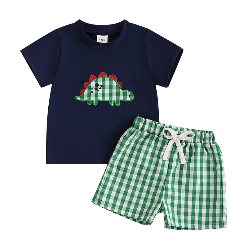 Boys Dinosaur Print T-shirt and Plaid Shorts Set Short Sleeve Embroidery Toddler Outfit for Summer Fun and Play