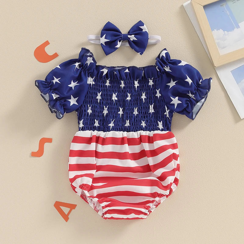 Independence Day Toddler Girls Rompers American Flag Print Off Shoulder Short Sleeve Baby Bodysuits with Bow Headband Set for