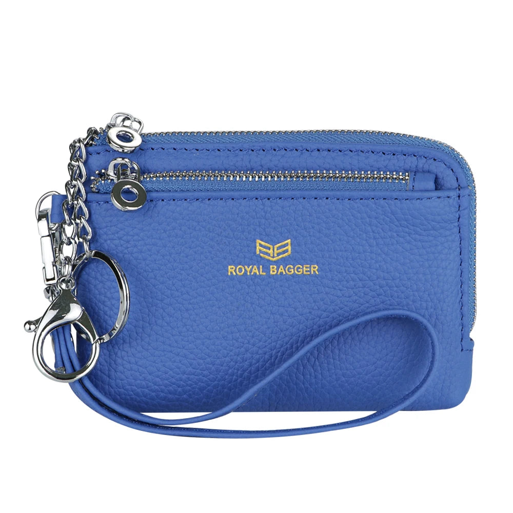 Royal Bagger RFID Coin Purse with Keychain, Genuine Leather Multi Zipper Clutch Wallet, Portable Wristlet Card Holder