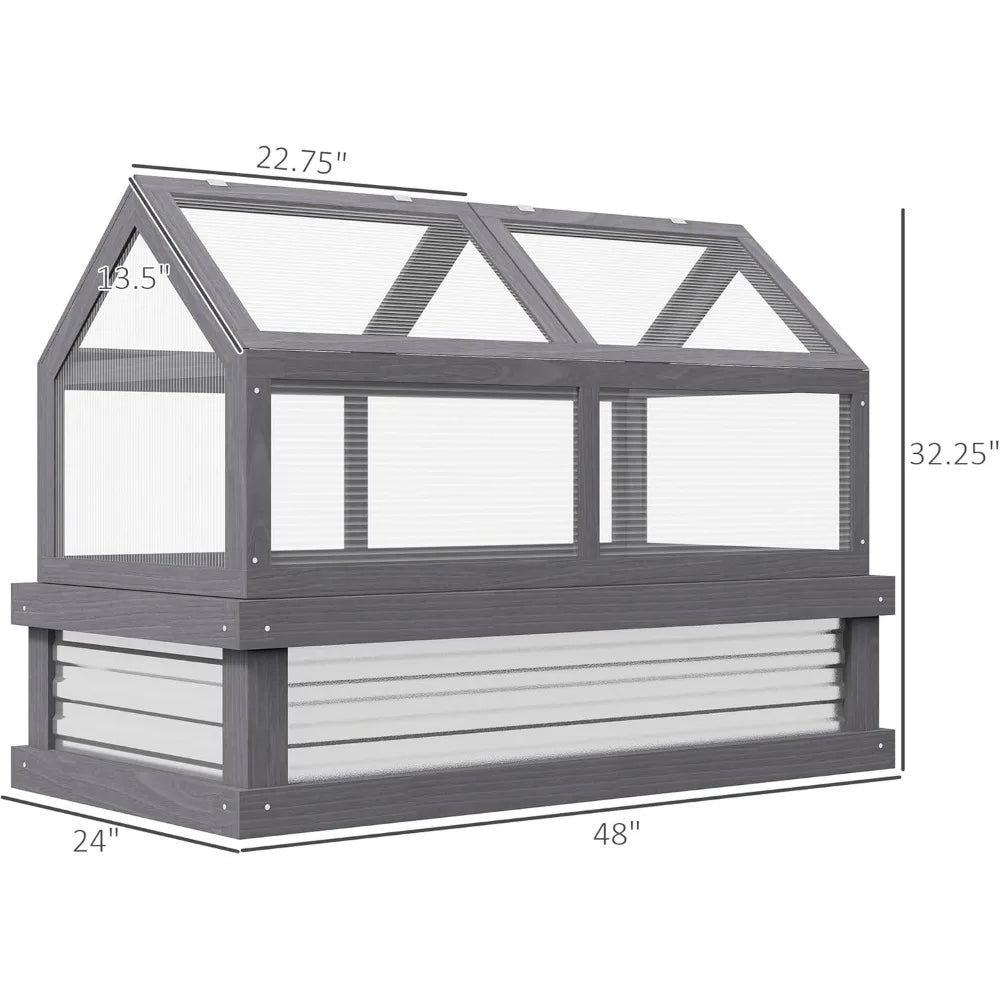 Raised Garden Bed with Polycarbonate Greenhouse, Wooden Garden Cold Frame Greenhouse, Flower Planter Protection, 48" x 24" x 32"