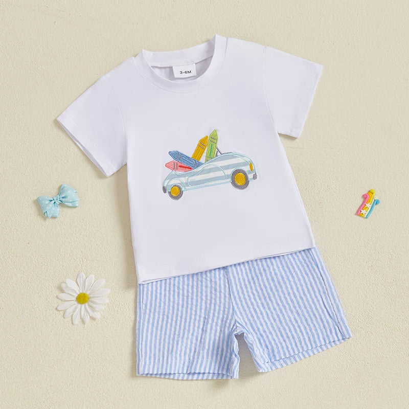 Adorable Infant Boy Casual Wear Set with Embroidered Crew Neck Tee and Striped Shorts for Hot Weather - 2 Piece Outfit