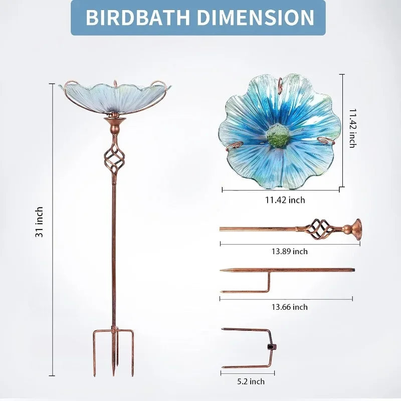 31 Inch Height Glass Birdbath Birdfeeder with Metal Stake Garden Yard Outdoor Blue