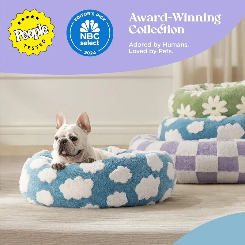 Donut Small Dog Bed - Round Cat Beds for Indoor Cats Calming Pet Beds, Cute Modern Beds with Jacquard Shaggy Plush & Anti Slip