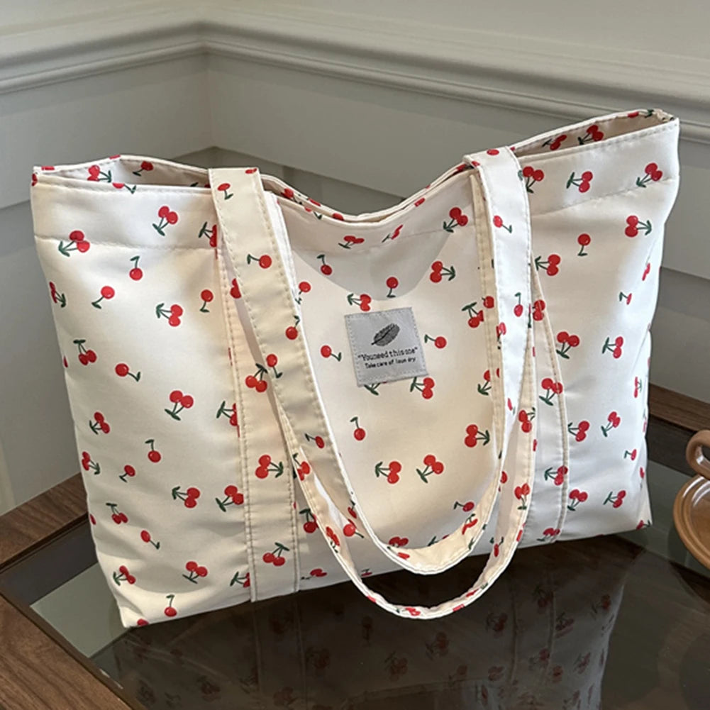 Cute Cherry Strawberry Print Satchel Purse Large Capacity Shoulder Purse Nylon Top Handle Bag Women Leisure Shopping Grocery Bag
