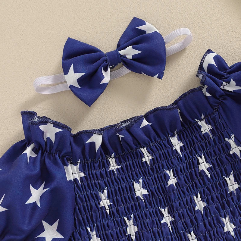 Independence Day Toddler Girls Rompers American Flag Print Off Shoulder Short Sleeve Baby Bodysuits with Bow Headband Set for