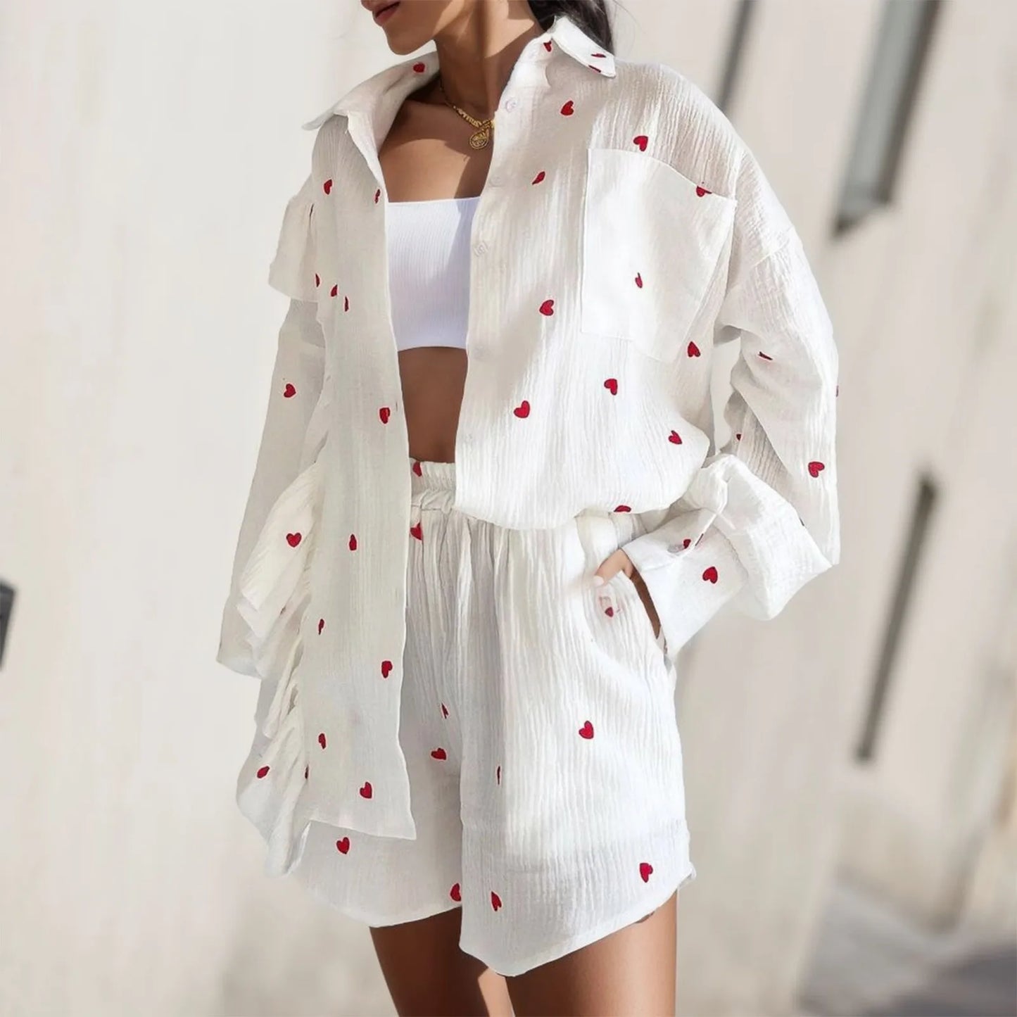 Women's Sweet Love Heart Print Ruffles 2 Piece Outfits