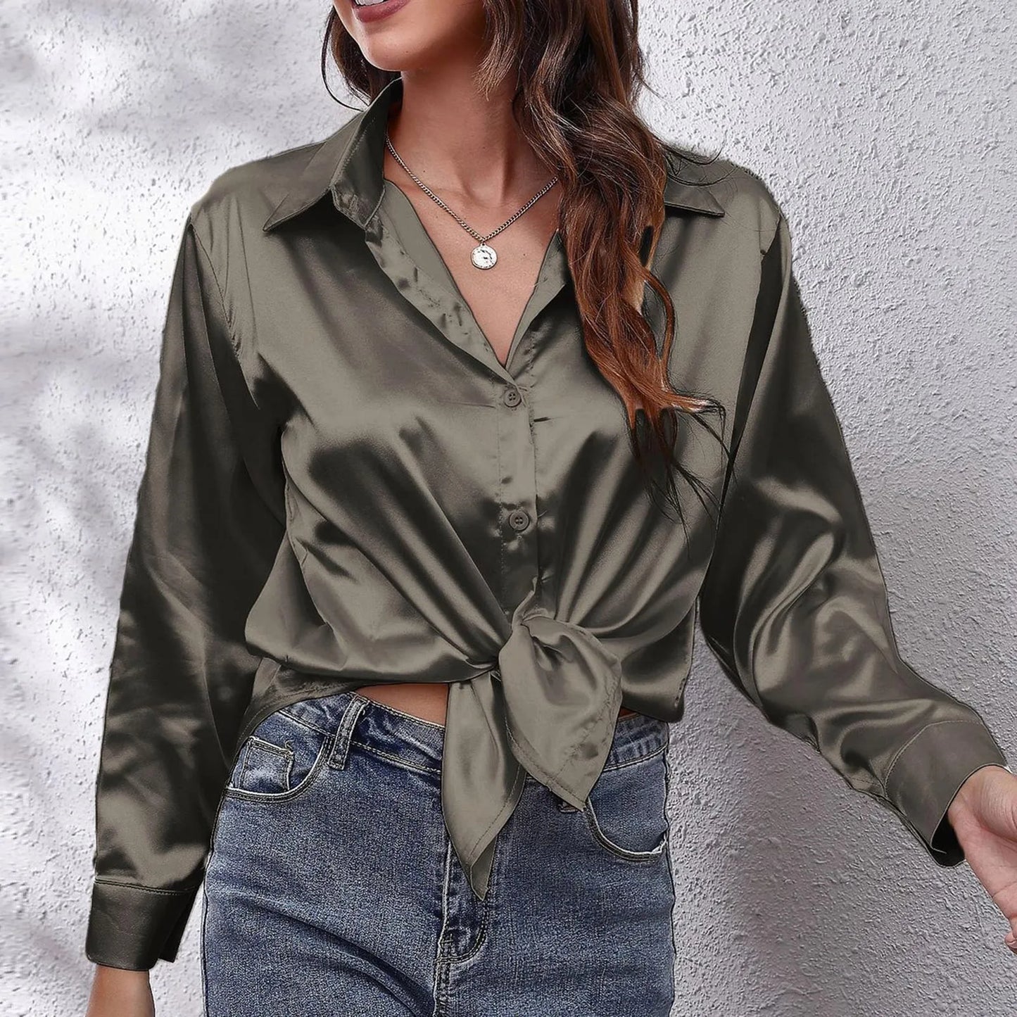 Women's Satin Shirts Solid Color Long Sleeve Office Top 2024