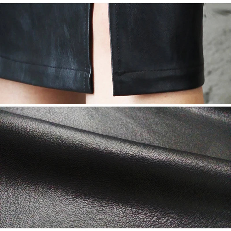 Ladies Faux Leather Midi Pencil Skirt With Front Back Slit