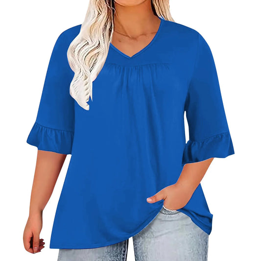 Summer Women Tunic Blouse Top Solid Color Oversize Loose Ruffle Half Sleeve V Neck Casual T-Shirts Elegant Lady Clothing