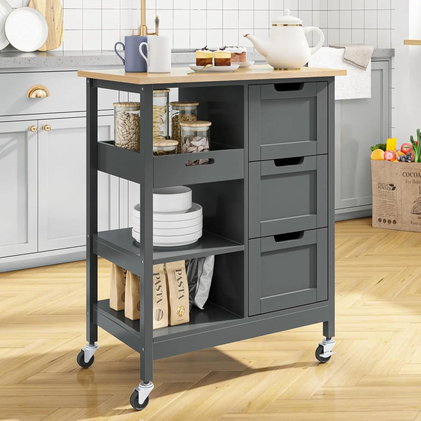 Kitchen Island with Storage, Kitchen Cart for Home, Rolling Serving Utility Trolley Cart on Wheel with 3 Drawers and 3 Storage