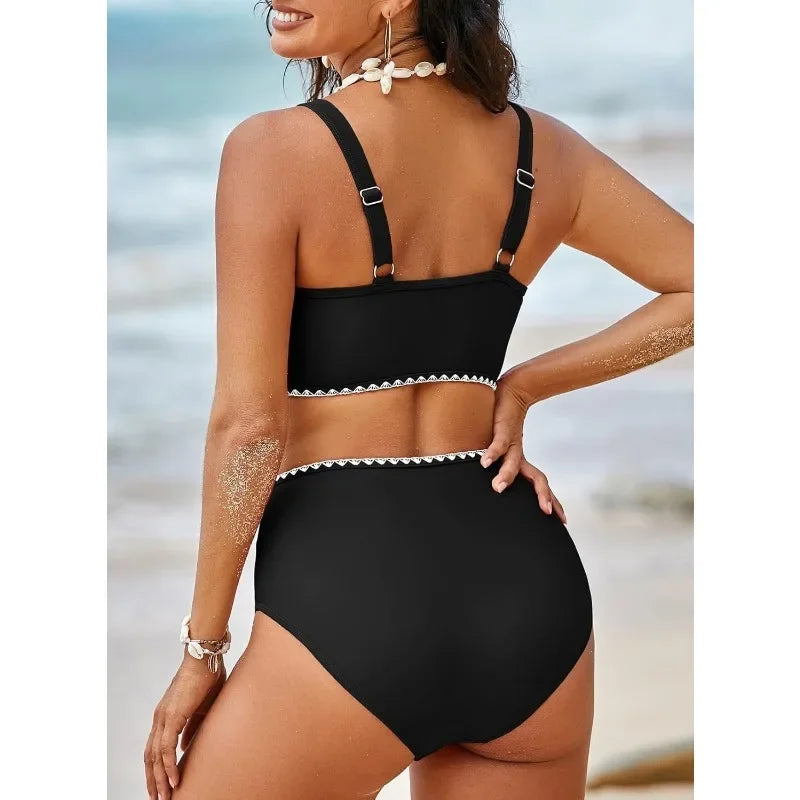 High Waisted Bikini Sets for Women 2 Piece High Cut Swimsuit Color Block Push Up Sporty Bathing Suit