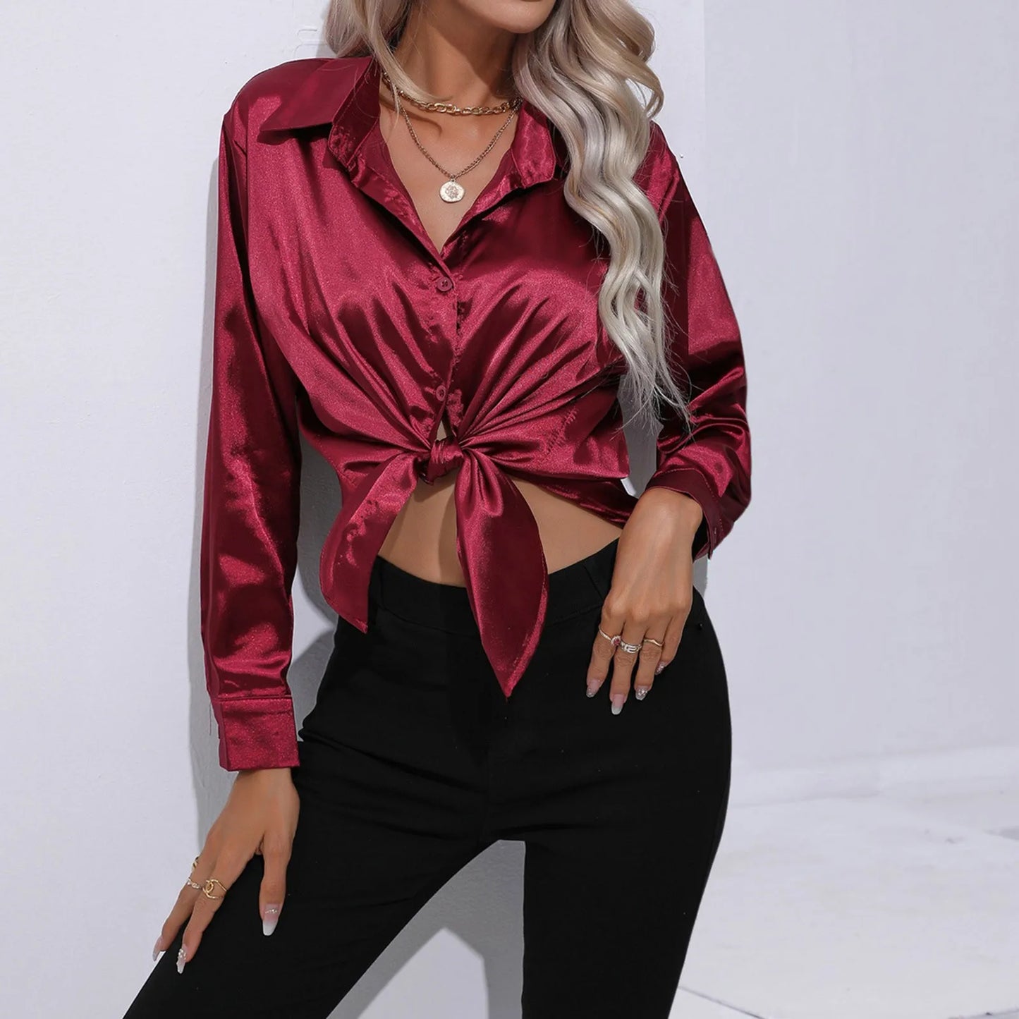 Women's Satin Shirts Solid Color Long Sleeve Office Top 2024