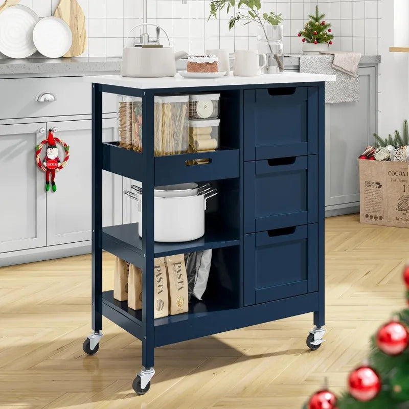 Kitchen Island with Storage, Kitchen Cart for Home, Rolling Serving Utility Trolley Cart on Wheel with 3 Drawers and 3 Storage