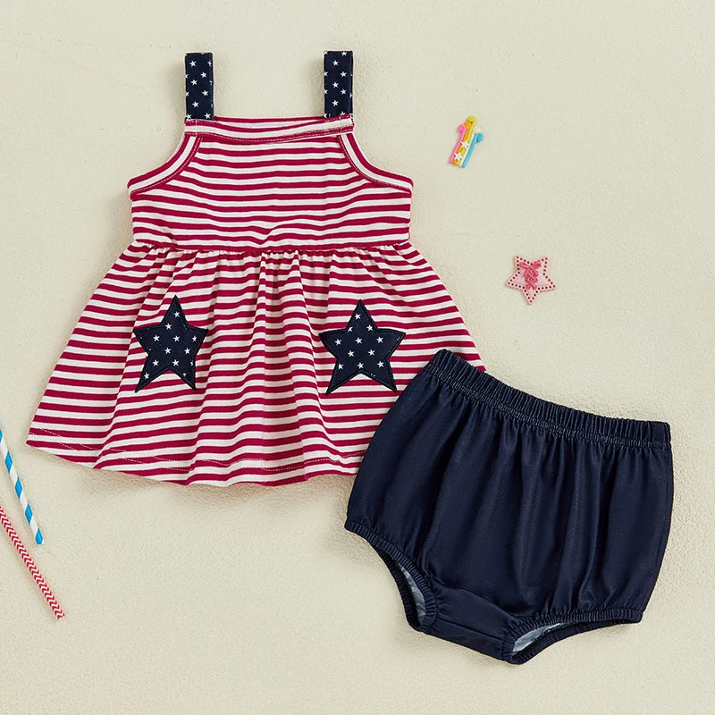 Toddler Girl Independence Day Clothing Set Sleeveless Striped Top with Matching Solid Color Shorts 2 Piece Outfit