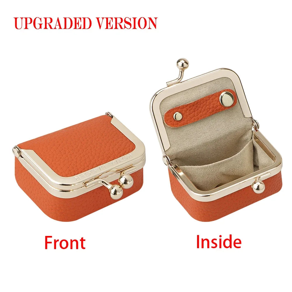Royal Bagger Genuine Leather Mini Jewelry Coin Purse Solid Color Kiss Lock Change Pouch Casual Small Storage Bag for Women 1894