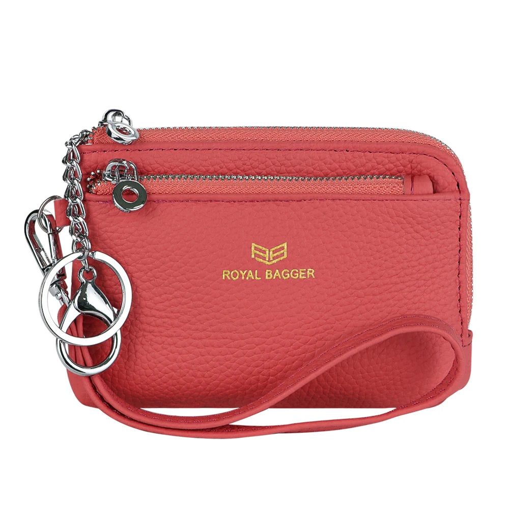 Royal Bagger RFID Coin Purse with Keychain, Genuine Leather Multi Zipper Clutch Wallet, Portable Wristlet Card Holder
