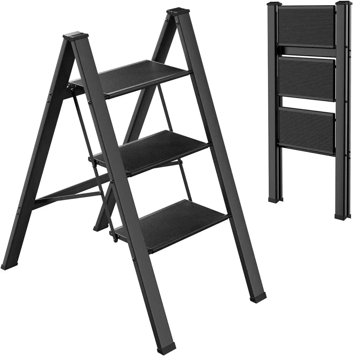 Step Ladder Aluminum Folding Step Stool W/ Wide Anti-Slip Pedal Home Office Lightweight Portable Stepladder (Silver,black)