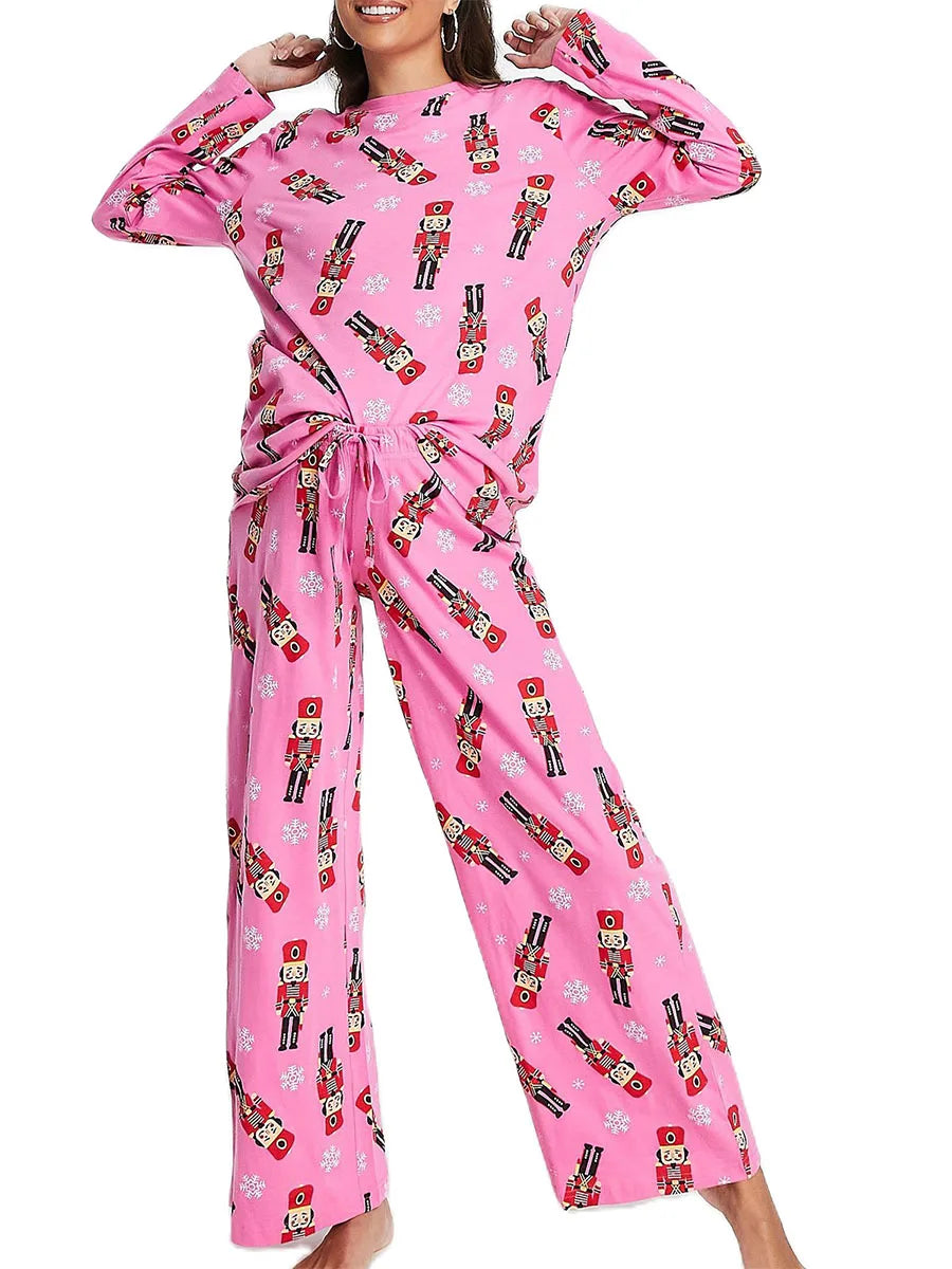 Women Pajama Set Cartoon Soldier Print Long Sleeve T-shirt Pants