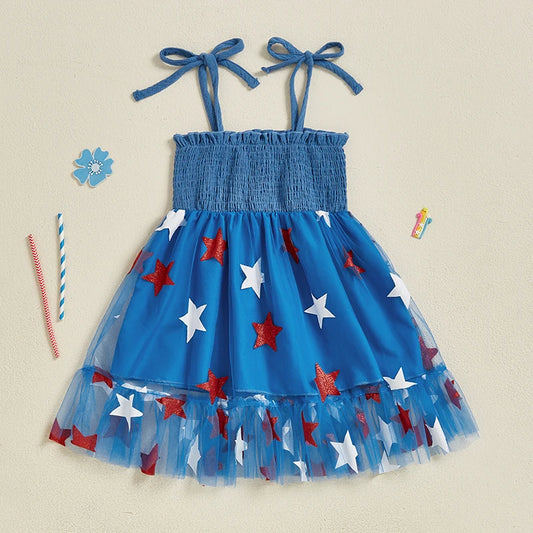 Toddler Girl Patriotic Sleeveless Dress with Tie Shoulder Star Print Tulle Dress Kids Smocked Fourth of July Outfit