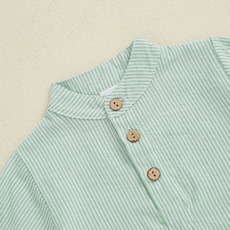 Toddler Boy Casual Summer Outfit Set with Striped Half Button-up Top and Solid Shorts for a Stylish Look