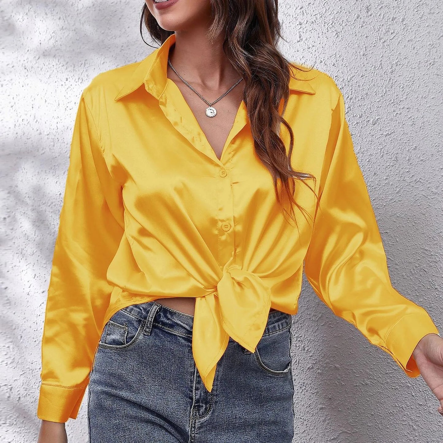 Women's Satin Shirts Solid Color Long Sleeve Office Top 2024