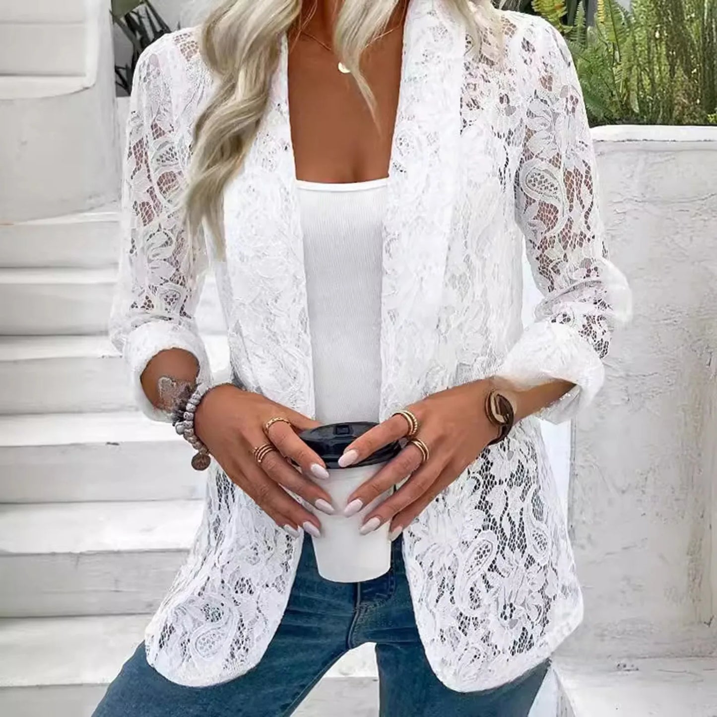 White Lace Hollow Out Women's Suit Coat Lightweight Blazers