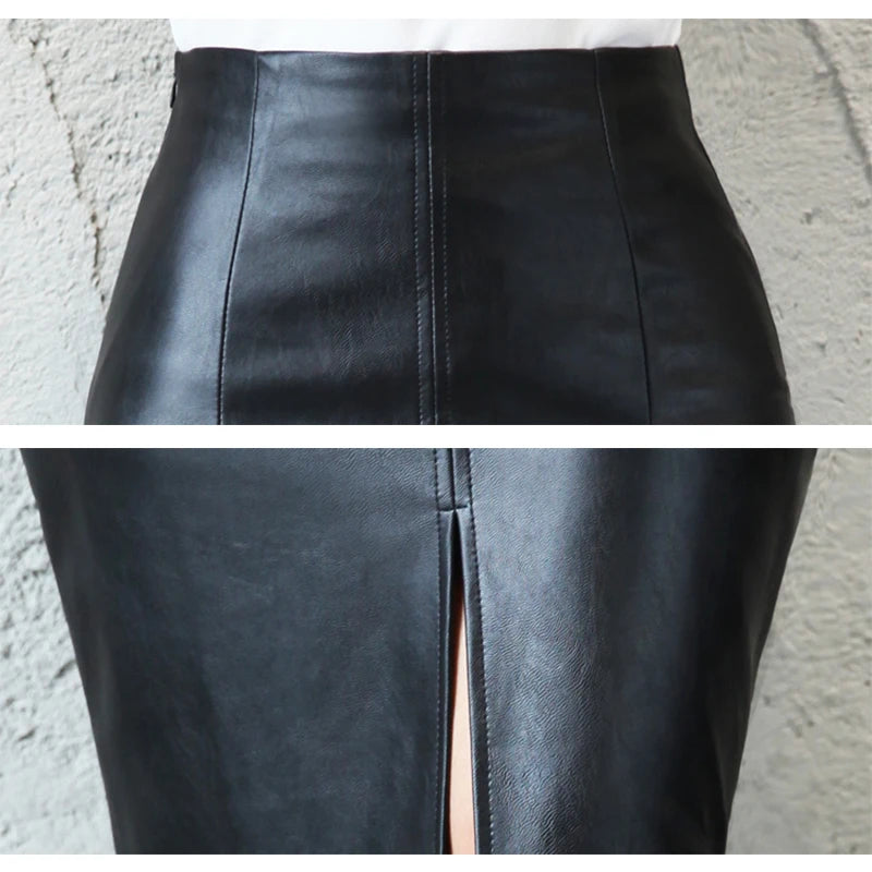 Ladies Faux Leather Midi Pencil Skirt With Front Back Slit