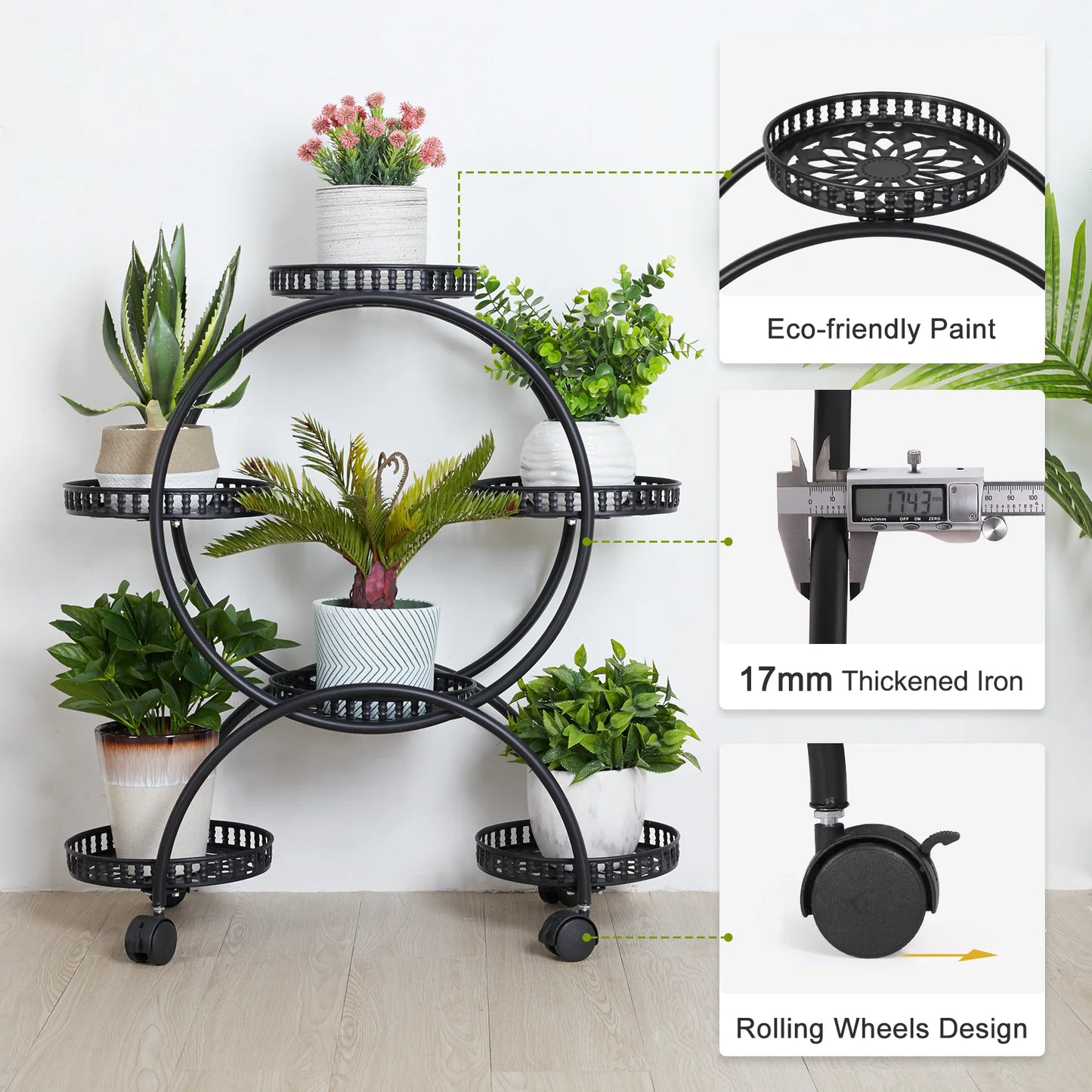 Unho 6 Potted Metal Plant Stand Garden Cart Holder With Wheels