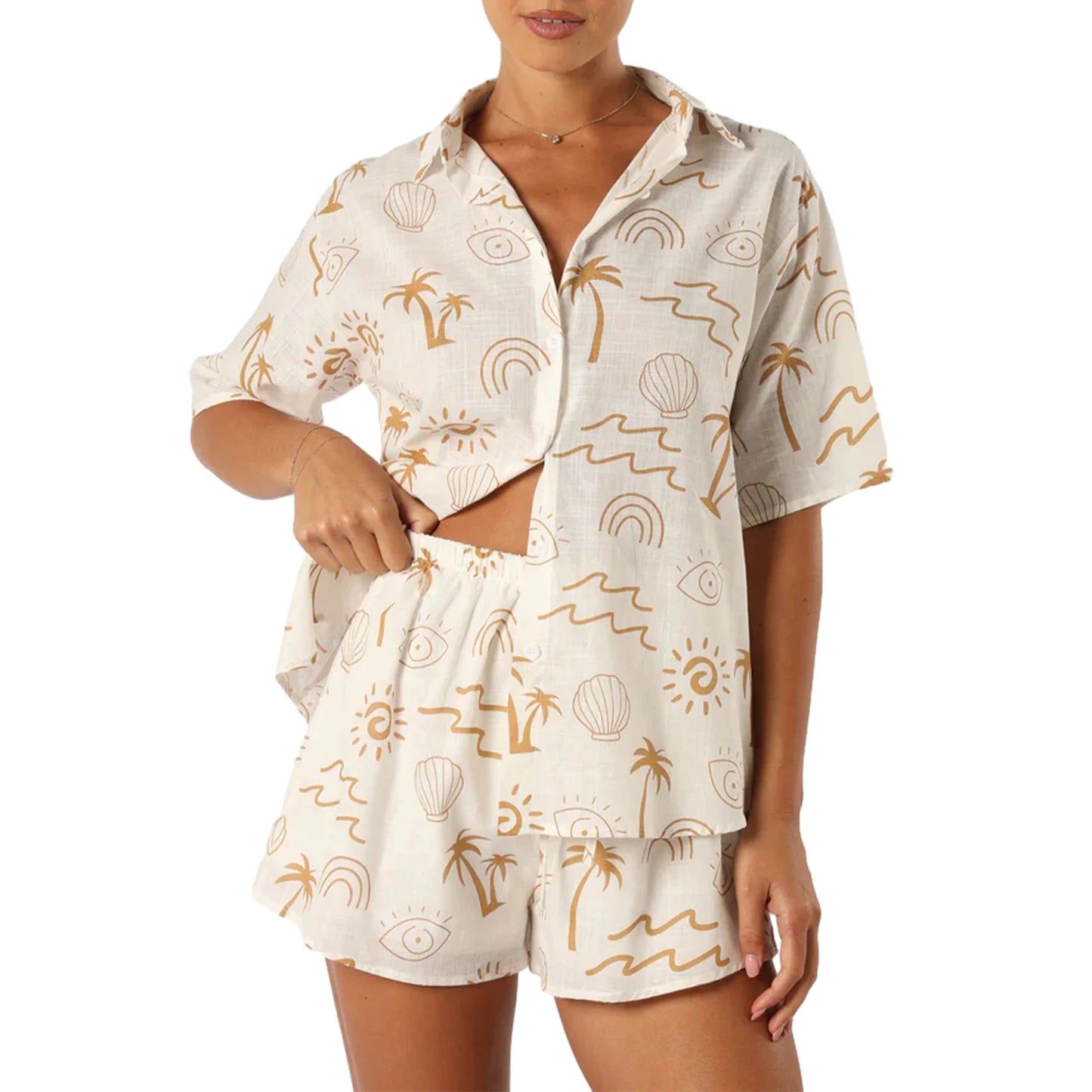 Women’s 2 Piece Lounge Set Short Sleeve Lapel Button Up Tops