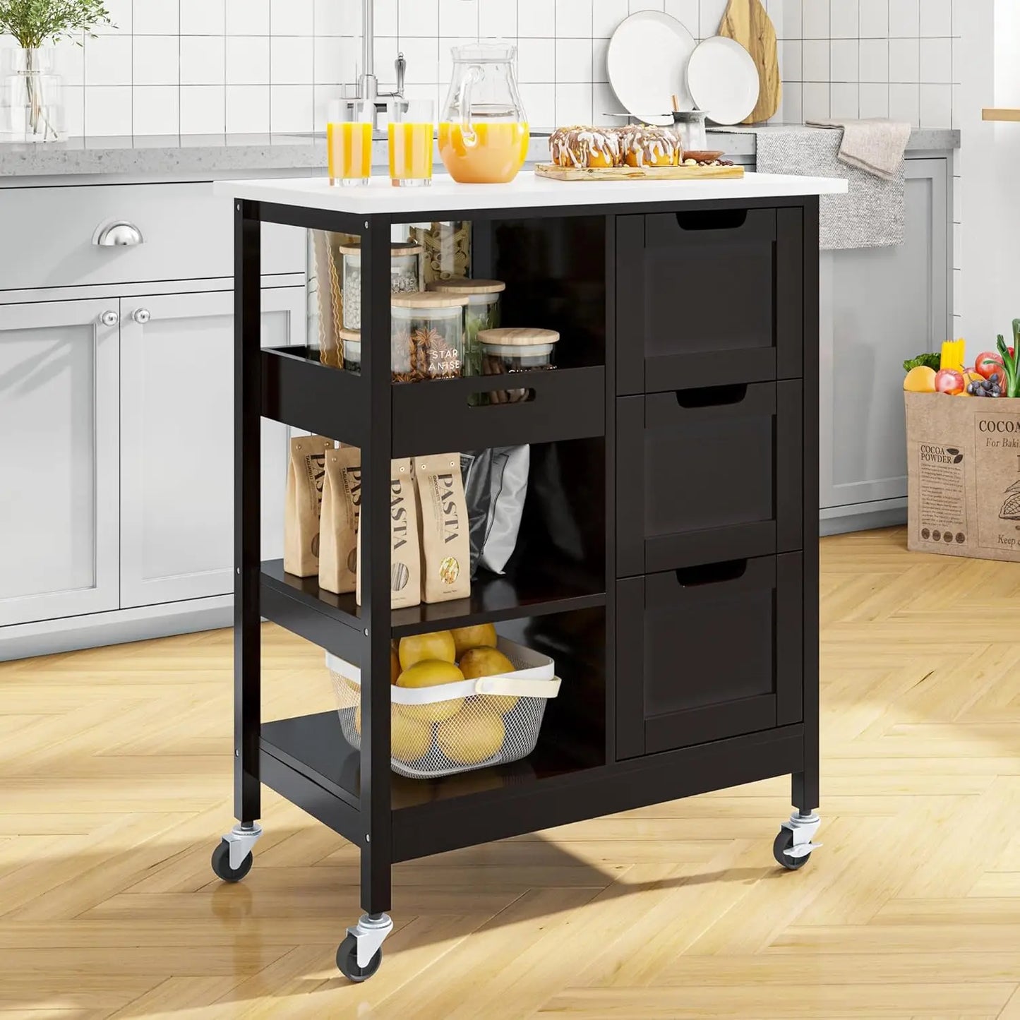 Kitchen Island with Storage, Kitchen Cart for Home, Rolling Serving Utility Trolley Cart on Wheel with 3 Drawers and 3 Storage