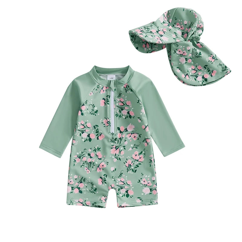 Baby Girl  Swimsuit Ruffle Sleeve Floral Print Swimwear with UPF 50 Sun Protection and Matching Hat