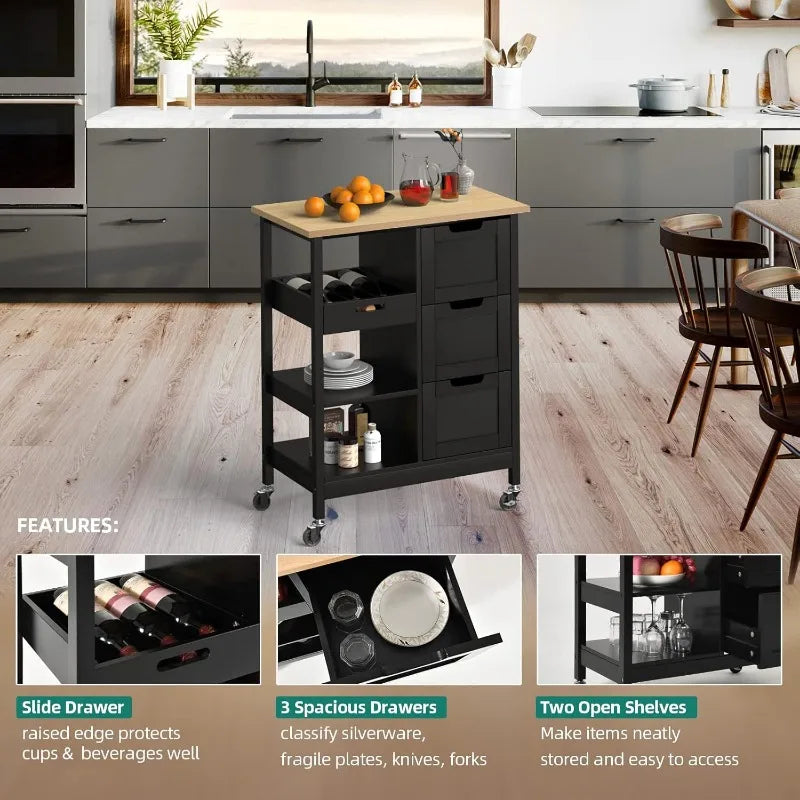 Kitchen Island with Storage, Kitchen Cart for Home, Rolling Serving Utility Trolley Cart on Wheel with 3 Drawers and 3 Storage