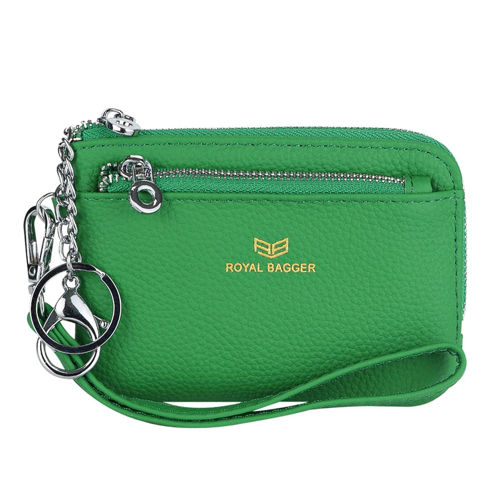 Royal Bagger RFID Coin Purse with Keychain, Genuine Leather Multi Zipper Clutch Wallet, Portable Wristlet Card Holder