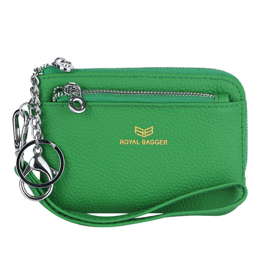 Royal Bagger RFID Coin Purse with Keychain, Genuine Leather Multi Zipper Clutch Wallet, Portable Wristlet Card Holder