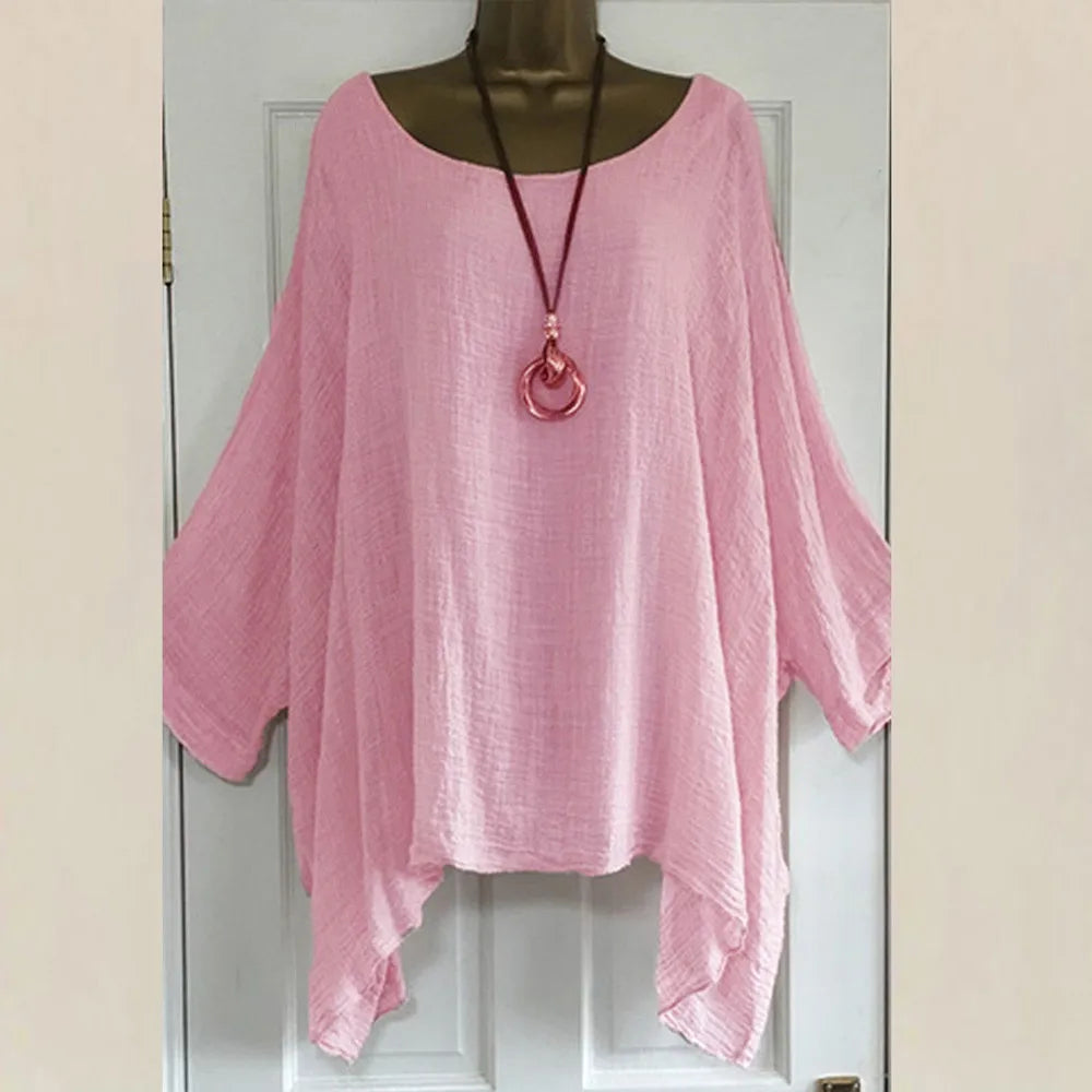 Plus Size Women Boho Linen Blouse Top Summer Solid Color
