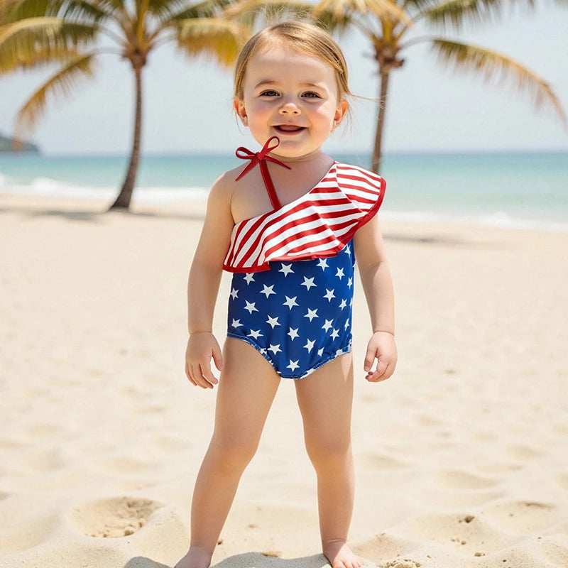 Adorable Baby Girl Fourth of July Stars and Stripes Print  Swimsuit with Ruffles and Bow Detail for Summer Fun