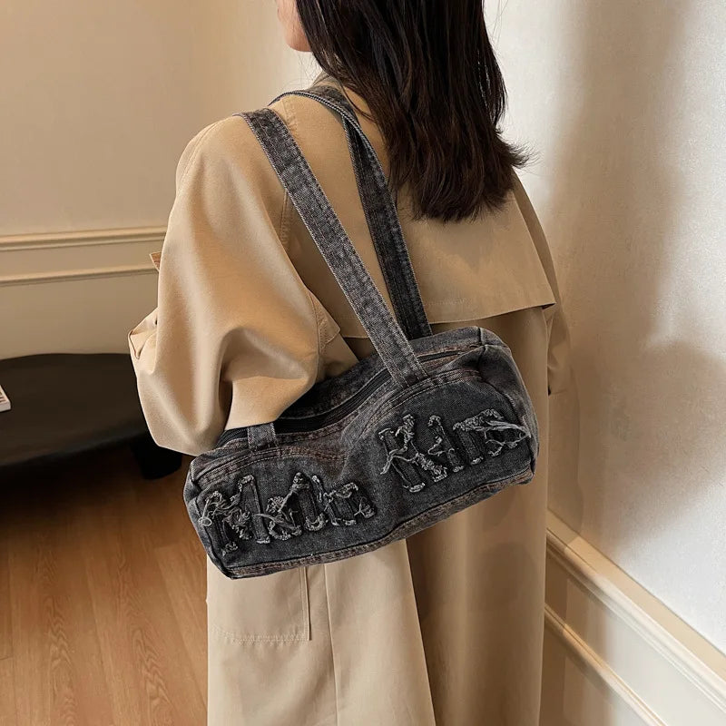 Denim Messenger Bag Casual Retro Tote Bag Large Hobo Bag Jean Purses for Women Work Shopping Travel