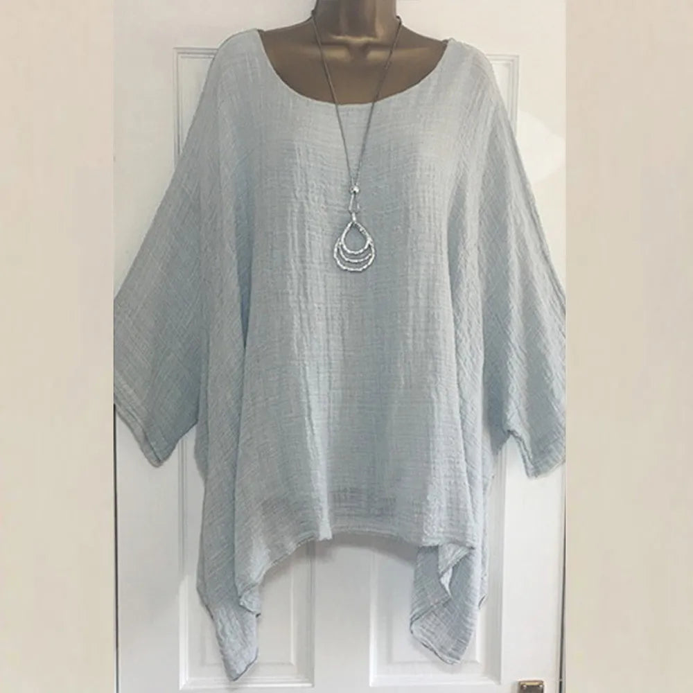 Plus Size Women Boho Linen Blouse Top Summer Solid Color