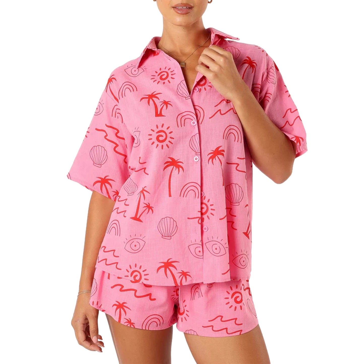 Women’s 2 Piece Lounge Set Short Sleeve Lapel Button Up Tops