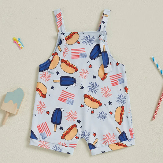 Infant Boys Rompers Patriotic Stars and Stripes Print Sleeveless Overalls Bodysuits Jumpsuits for Fourth of July Celebrations