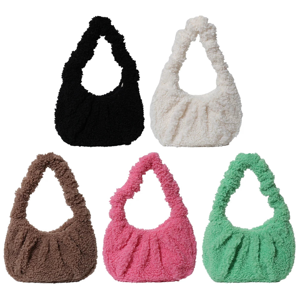 Furry Tote Bag Small Ruched Hand Purse Lambswool Cute Mini Faux Fur Bag Winter Fuzzy Pursess and Handbag for Women Lady