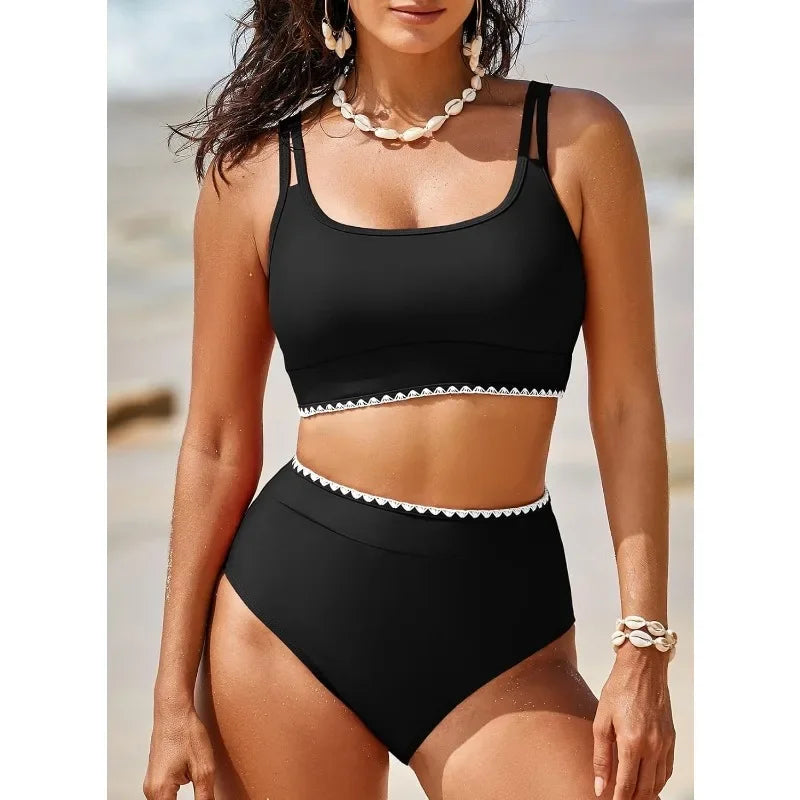 High Waisted Bikini Sets for Women 2 Piece High Cut Swimsuit Color Block Push Up Sporty Bathing Suit