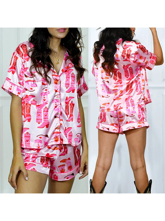 Stylish Women's Summer Outfit Printed Short Sleeve Shirt Set