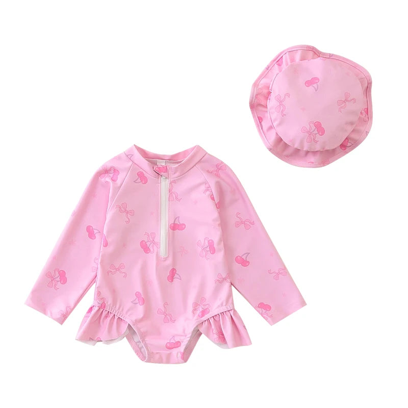 Baby Girls  Swimsuit with Sun Hat Set Floral Print Ruffle Sleeve Zip Up Rash Guard Swimwear Beachwear for Toddler Girls