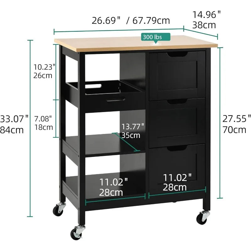 Kitchen Island with Storage, Kitchen Cart for Home, Rolling Serving Utility Trolley Cart on Wheel with 3 Drawers and 3 Storage