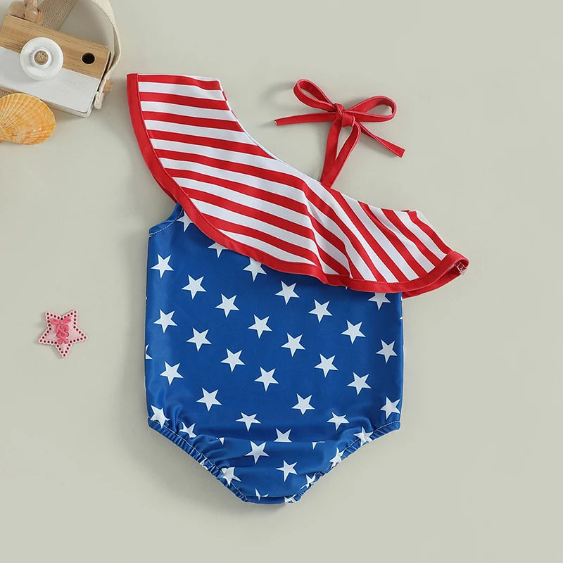 Adorable Baby Girl Fourth of July Stars and Stripes Print  Swimsuit with Ruffles and Bow Detail for Summer Fun