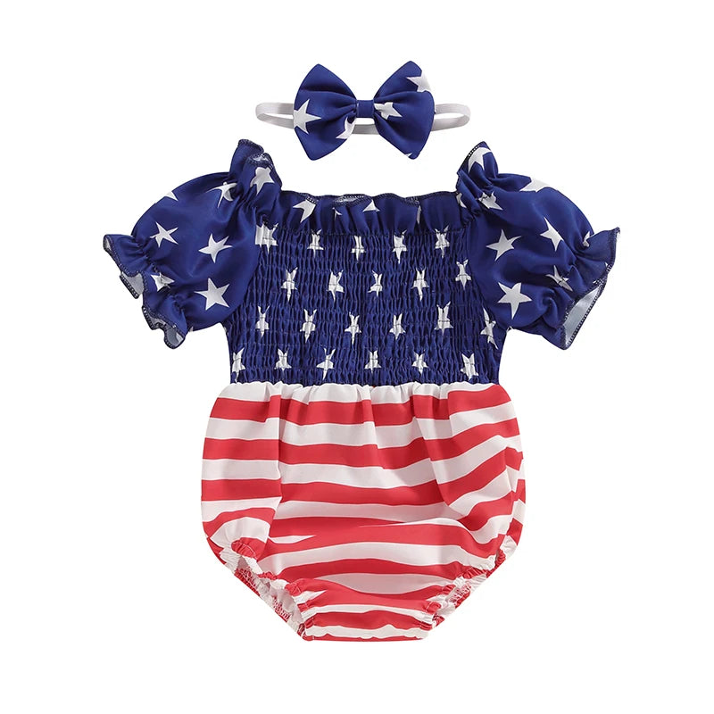 Independence Day Toddler Girls Rompers American Flag Print Off Shoulder Short Sleeve Baby Bodysuits with Bow Headband Set for