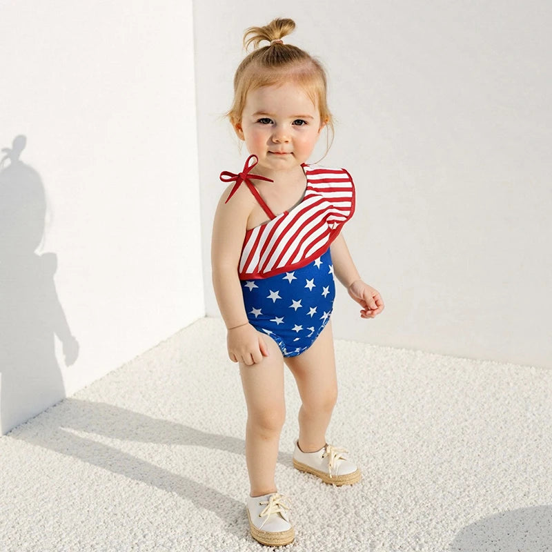 Adorable Baby Girl Fourth of July Stars and Stripes Print  Swimsuit with Ruffles and Bow Detail for Summer Fun