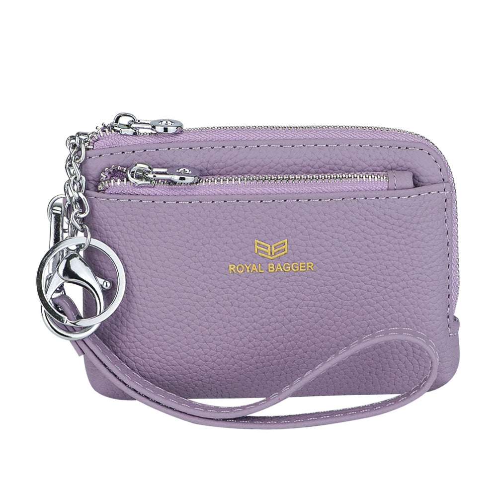 Royal Bagger RFID Coin Purse with Keychain, Genuine Leather Multi Zipper Clutch Wallet, Portable Wristlet Card Holder