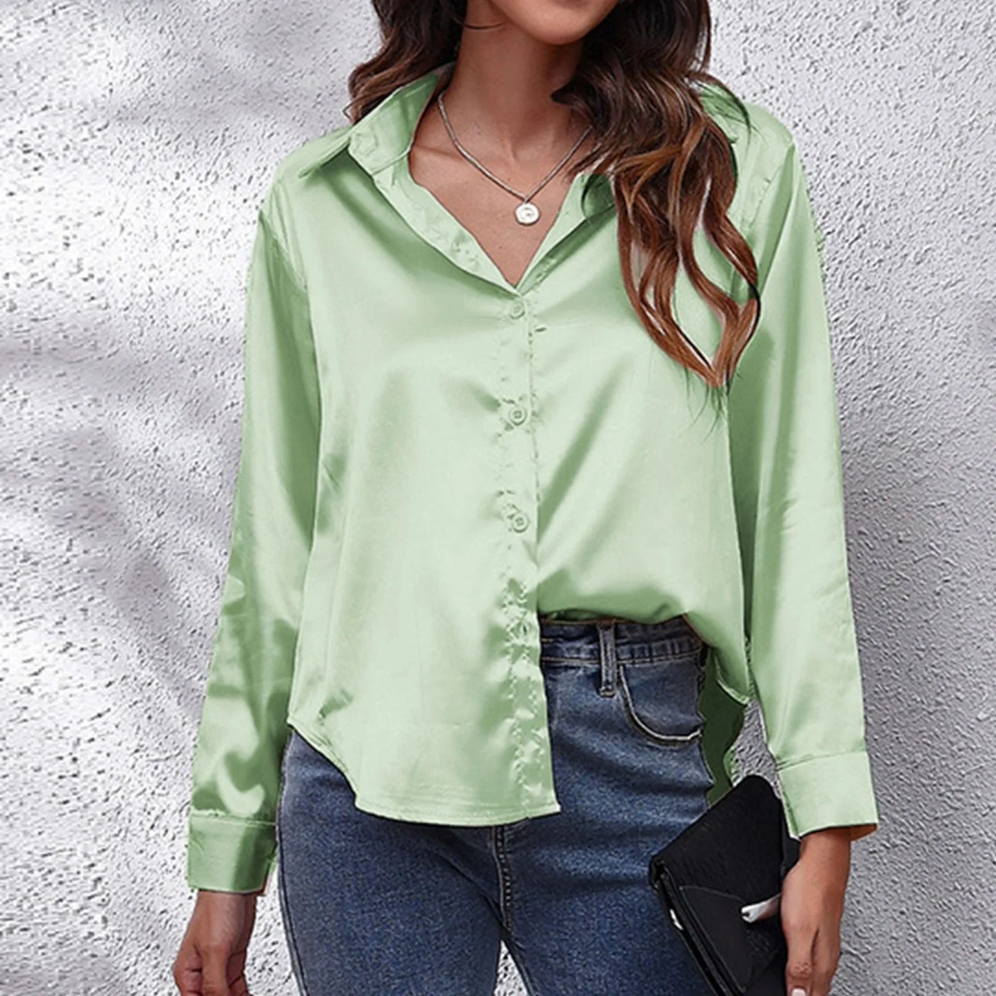Women's Satin Shirts Solid Color Long Sleeve Office Top 2024